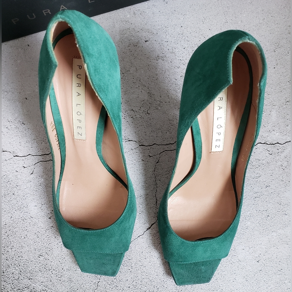 Pura Lopez Emerald Green Suede Peep Toe Pumps Sz 38.5 - Picture 10 of 15